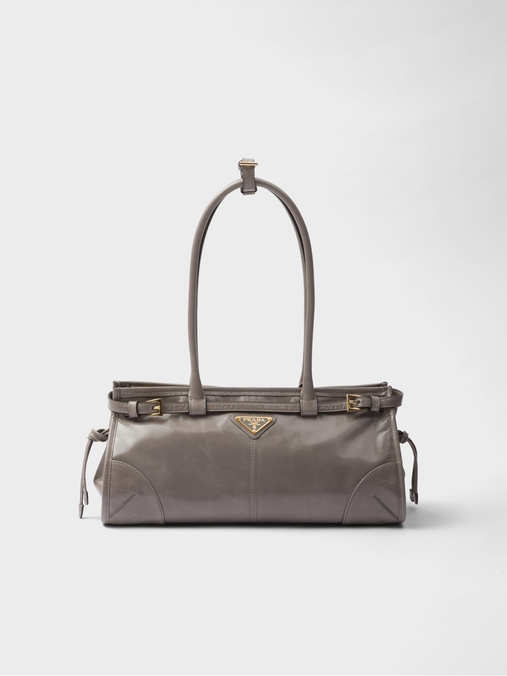 Prada Gray Leather Shoulder Bag with Gold-Tone Logo